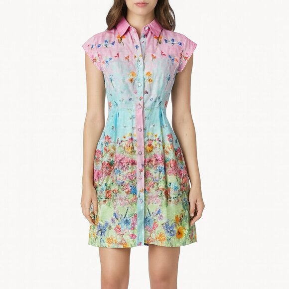 Là Fuori Tops - La Fuori Silk Floral Shirt Dress Multicolor XS in Blue